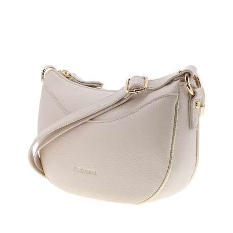 Sac à bandoulière beige uni avec un logo doré embossé à l'avant - Image 2