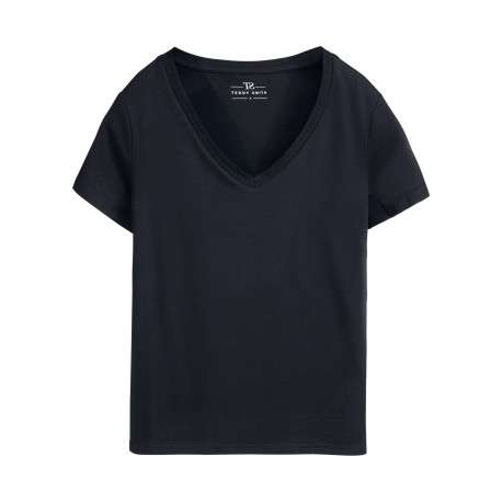 T-shirt bleu marine uni avec une coupe droite et un col v en maille