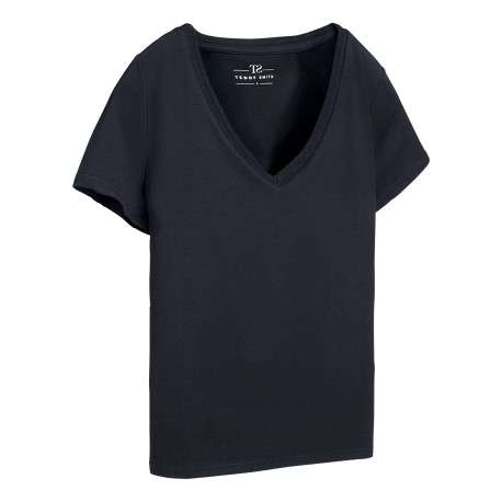 T-shirt bleu marine uni avec une coupe droite et un col v en maille - Image 2