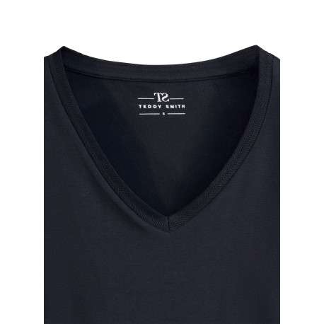 T-shirt bleu marine uni avec une coupe droite et un col v en maille - Image 4