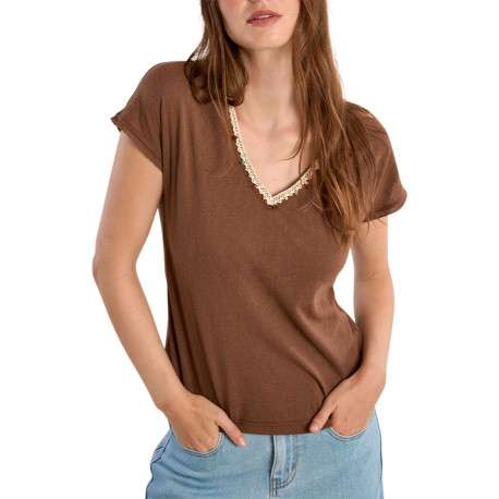 T-shirt chocolat uni pourvu d'une coupe droite et de manches courtes - Image 4