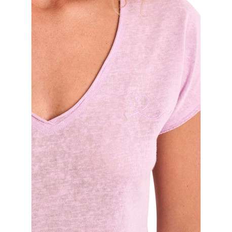 T-shirt mauve uni pourvu d'un col v et d'un coeur brodé sur la poitrine - Image 5