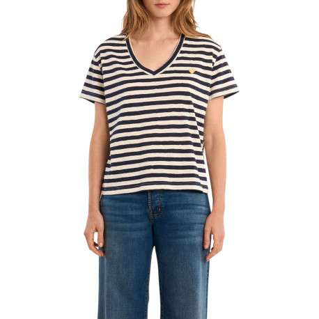 T-shirt en coton mélangé marine à rayures pourvu d'un col v