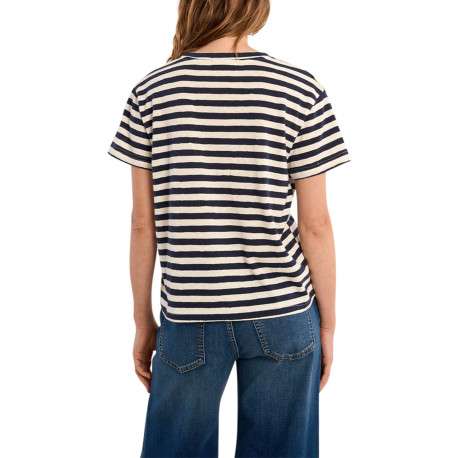 T-shirt en coton mélangé marine à rayures pourvu d'un col v - Image 2
