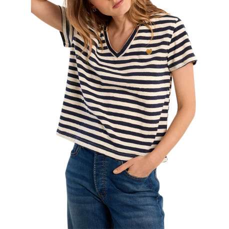 T-shirt en coton mélangé marine à rayures pourvu d'un col v - Image 4