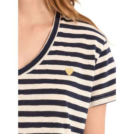 T-shirt en coton mélangé marine à rayures pourvu d'un col v - Image 5