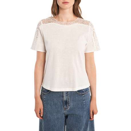 T-shirt en coton mélangé blanc uni pourvu d'un col rond et d'une coupe droite