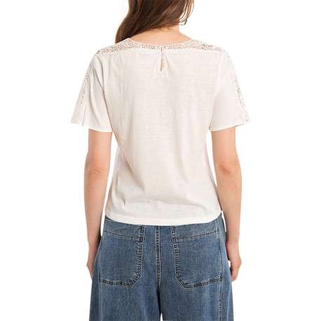 T-shirt en coton mélangé blanc uni pourvu d'un col rond et d'une coupe droite - Image 2