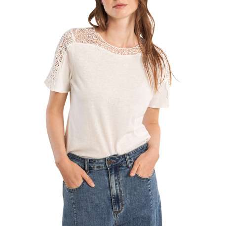 T-shirt en coton mélangé blanc uni pourvu d'un col rond et d'une coupe droite - Image 4