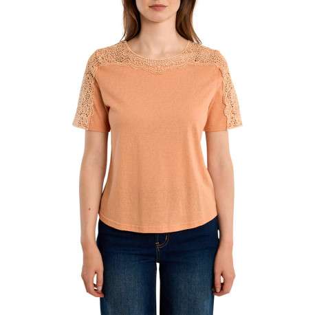 T-shirt en coton mélangé orange uni pourvu d'un col rond et d'une coupe droite