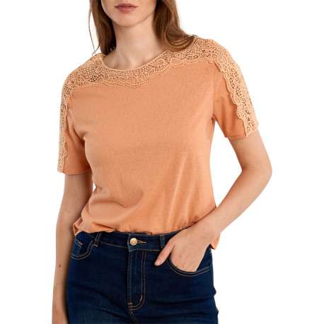 T-shirt en coton mélangé orange uni pourvu d'un col rond et d'une coupe droite - Image 4