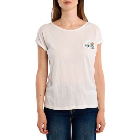 T-shirt blanc uni pourvu de manches courtes et d'un vélo brodé sur la poitrine