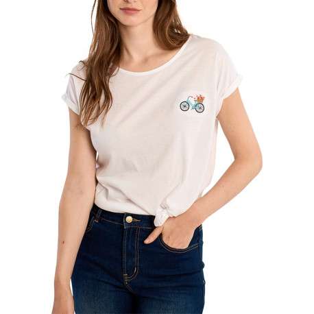 T-shirt blanc uni pourvu de manches courtes et d'un vélo brodé sur la poitrine - Image 4