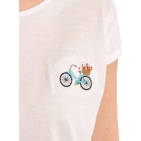 T-shirt blanc uni pourvu de manches courtes et d'un vélo brodé sur la poitrine - Image 5