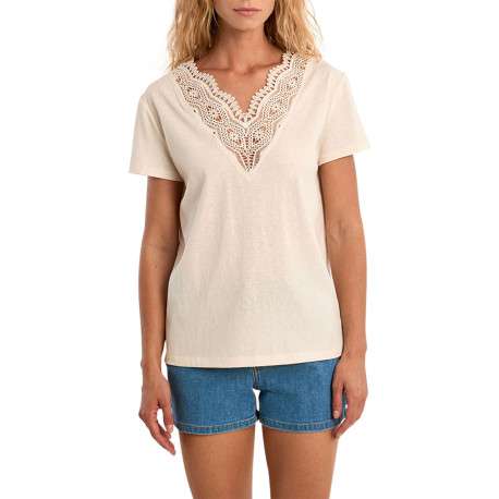 T-shirt écru uni pourvu d'un double décolleté en v avec des détails en dentelle