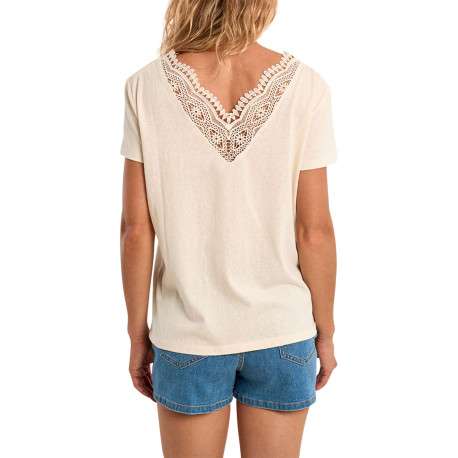 T-shirt écru uni pourvu d'un double décolleté en v avec des détails en dentelle - Image 2
