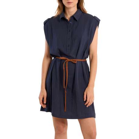 Robe courte marine unie pourvue d'un col chemise et d'une coupe droite