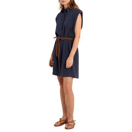 Robe courte marine unie pourvue d'un col chemise et d'une coupe droite - Image 3