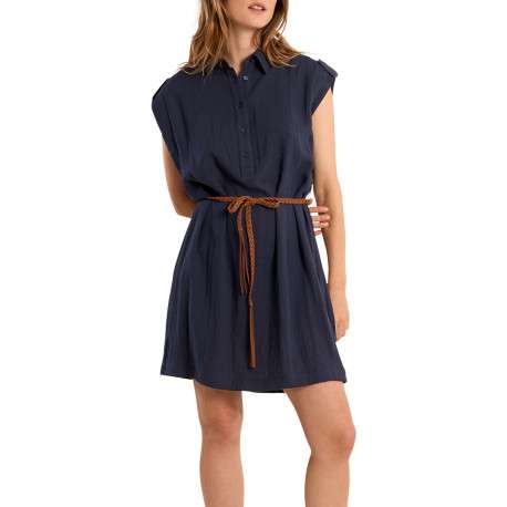 Robe courte marine unie pourvue d'un col chemise et d'une coupe droite - Image 4