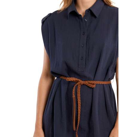 Robe courte marine unie pourvue d'un col chemise et d'une coupe droite - Image 5