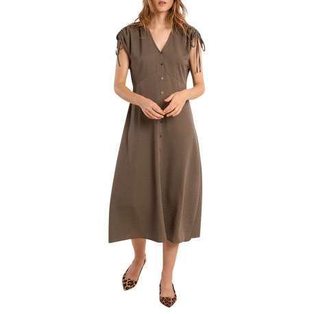 Robe longue kaki unie pourvue d'une coupe évasée et de manches courtes - Image 3