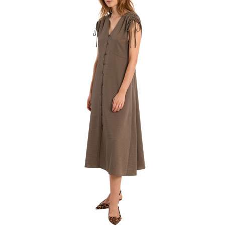 Robe longue kaki unie pourvue d'une coupe évasée et de manches courtes - Image 4