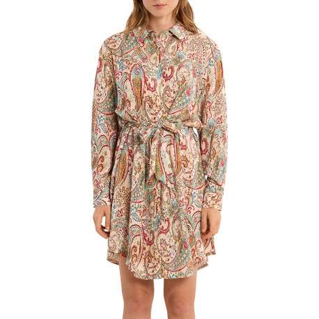 Robe longue écrue à motifs pourvue d'un col chemise et de manches longues