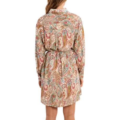 Robe longue écrue à motifs pourvue d'un col chemise et de manches longues - Image 2