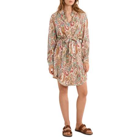 Robe longue écrue à motifs pourvue d'un col chemise et de manches longues - Image 3