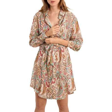 Robe longue écrue à motifs pourvue d'un col chemise et de manches longues - Image 4