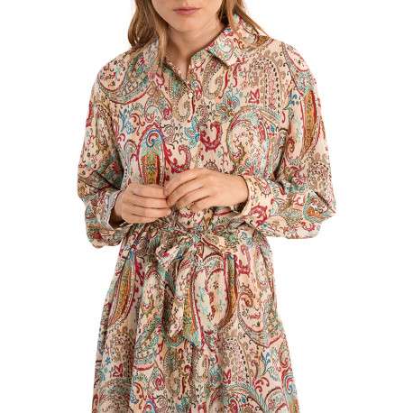 Robe longue écrue à motifs pourvue d'un col chemise et de manches longues - Image 5