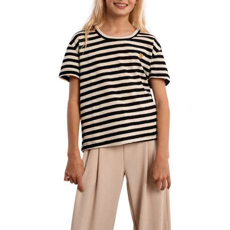 T-shirt en coton mélangé beige à rayures pourvu d'un col rond