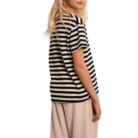 T-shirt en coton mélangé beige à rayures pourvu d'un col rond - Image 3