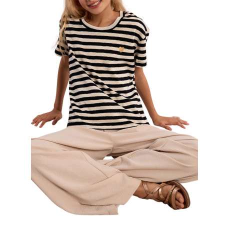 T-shirt en coton mélangé beige à rayures pourvu d'un col rond - Image 4