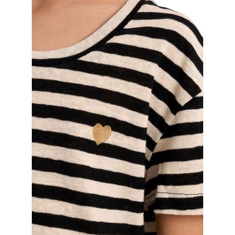 T-shirt en coton mélangé beige à rayures pourvu d'un col rond - Image 5