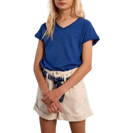 T-shirt marine uni pourvu d'un coeur brodé ton sur ton sur la poitrine - Image 3