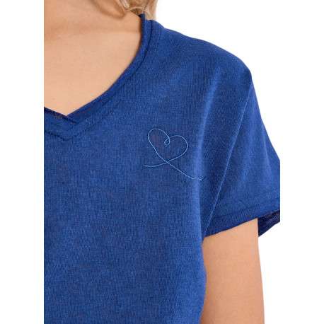 T-shirt marine uni pourvu d'un coeur brodé ton sur ton sur la poitrine - Image 5