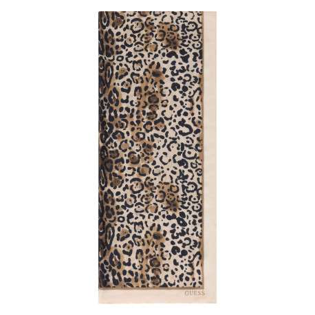 Foulard beige orné d'un motif animalier et du nom de la marque