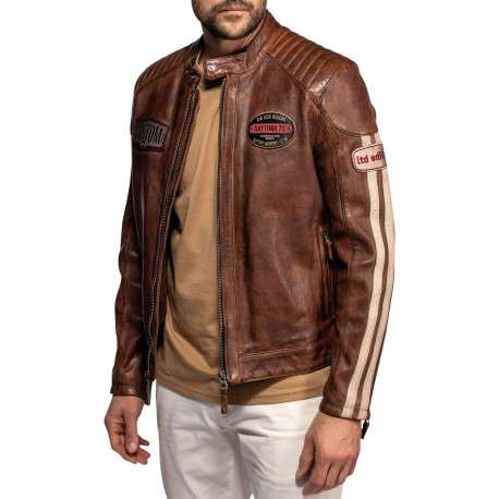 Blouson Corning en cuir d'agneau brun à coupe droite pourvu d'un col boutonné