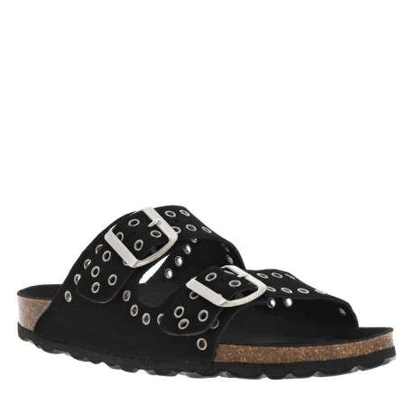 Mules en cuir noires à talon plat et boucles à ardillon argentées - Image 3