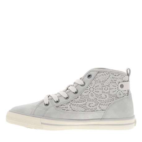 Tennis toile montante grises avec un talon plat et des lacets blancs