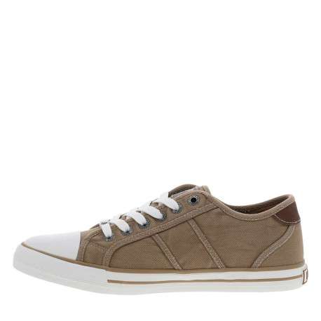 Tennis toile basse taupe avec un talon plat et des lacets blancs