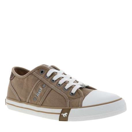 Tennis toile basse taupe avec un talon plat et des lacets blancs - Image 3