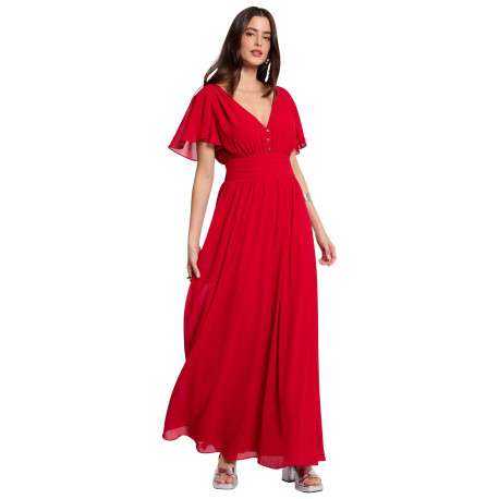 Robe longue rouge unie pourvue d’une coupe évasée et d’un col en V - Image 3