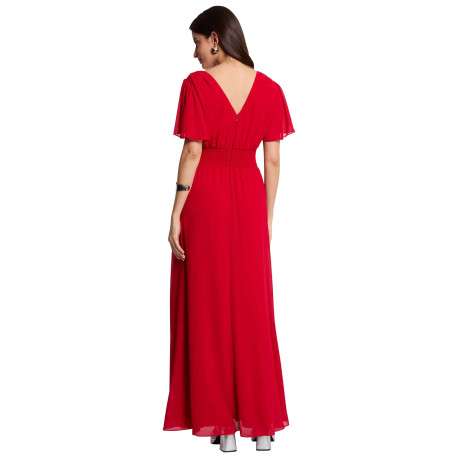 Robe longue rouge unie pourvue d’une coupe évasée et d’un col en V - Image 4