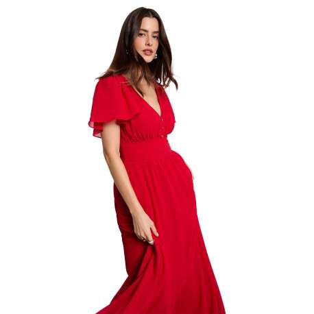 Robe longue rouge unie pourvue d’une coupe évasée et d’un col en V - Image 5