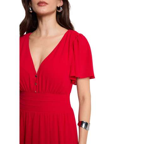 Robe longue rouge unie pourvue d’une coupe évasée et d’un col en V - Image 6