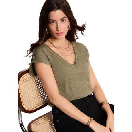 T-shirt kaki uni pourvu d'une coupe droite et d'un col en V - Image 5