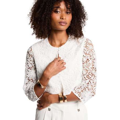 Blouson blanc uni pourvu d'une coupe droite et d'un col rond - Image 5