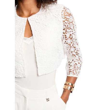 Blouson blanc uni pourvu d'une coupe droite et d'un col rond - Image 6